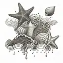 A dotwork pattern of crashing waves with hidden images of seashells and starfish tattoo design idea