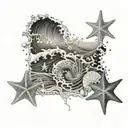 A dotwork pattern of crashing waves with hidden images of seashells and starfish tattoo design idea