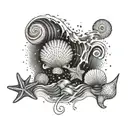 A dotwork pattern of crashing waves with hidden images of seashells and starfish tattoo design idea