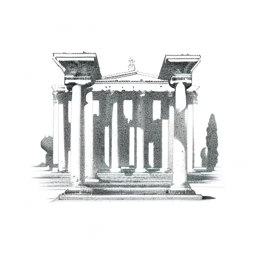 A football field with Greek columns and statues of gods tattoo design idea