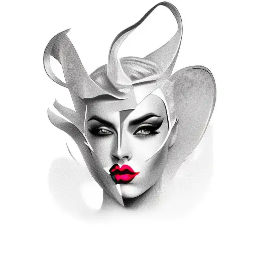 film noir femme fatale black and white with one side of the face that is separated as a mask and it is revealed that it  tattoo design idea