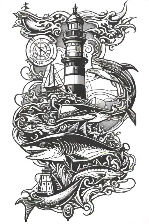Can you draw a tattoo with an aggressive shark, a map, an anchor and a lighthouse? tattoo design idea