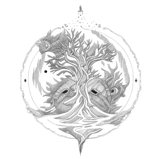 fish tree sun mountain virgo moon sea tattoo design idea