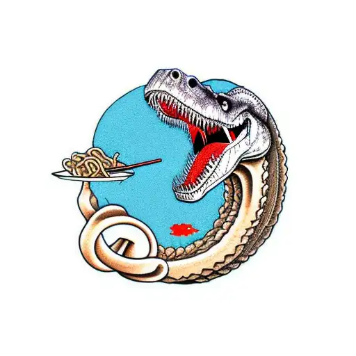T Rex eating noodles tattoo design idea