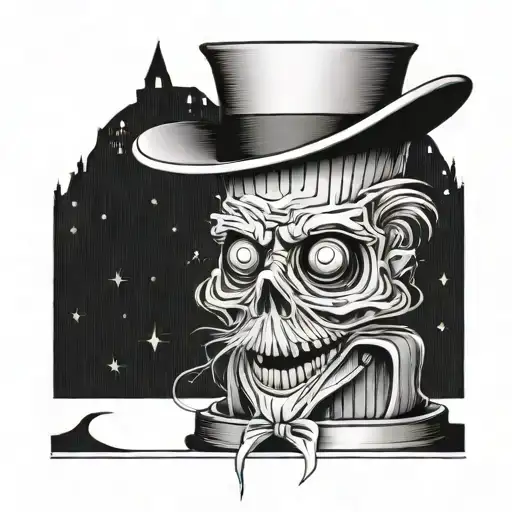 A tattoo design showcasing the Hatbox Ghost from the Haunted Mansion, with a spooky and mysterious vibe tattoo design idea