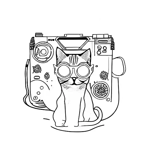 A minimalist tattoo of a cat wearing neon sunglasses and sitting on a beach with a boombox playing psychedelic music tattoo design idea