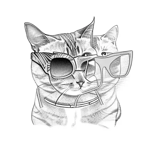 A minimalist tattoo of a cat wearing neon sunglasses and sitting on a beach with a boombox playing psychedelic music tattoo design idea