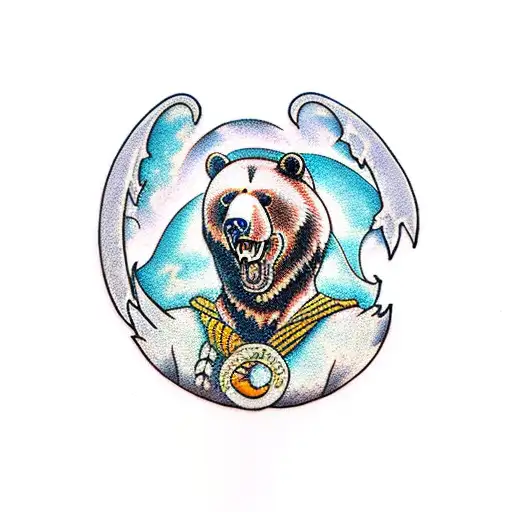 A bear with ravens in the background tattoo design idea