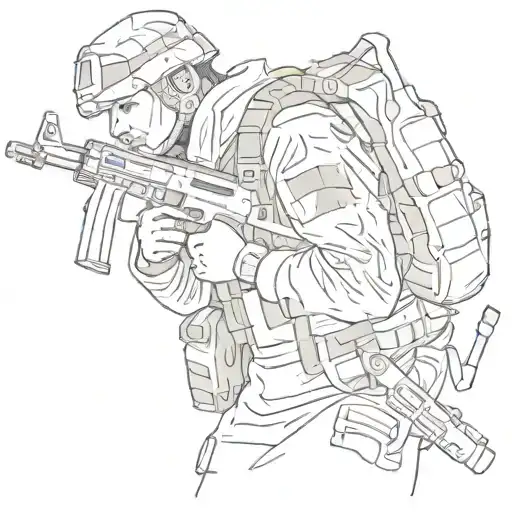 A sketch of a soldier in camouflage with an AKM rifle slung over their shoulder tattoo design idea