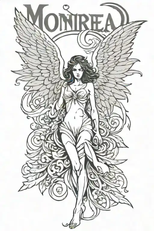 female fallen angel with broken wing and Ambigram of "MONREAL" tattoo design idea