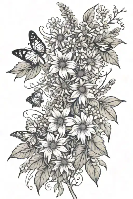 wisteria, willow branches, sunflower, daisies with butterflies tattoo design idea