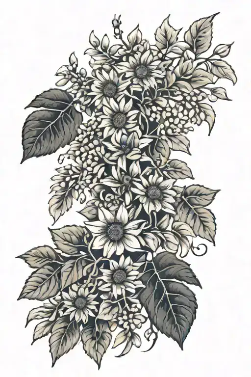 wisteria, willow branch, sunflower, daisies, and ivy tattoo design idea