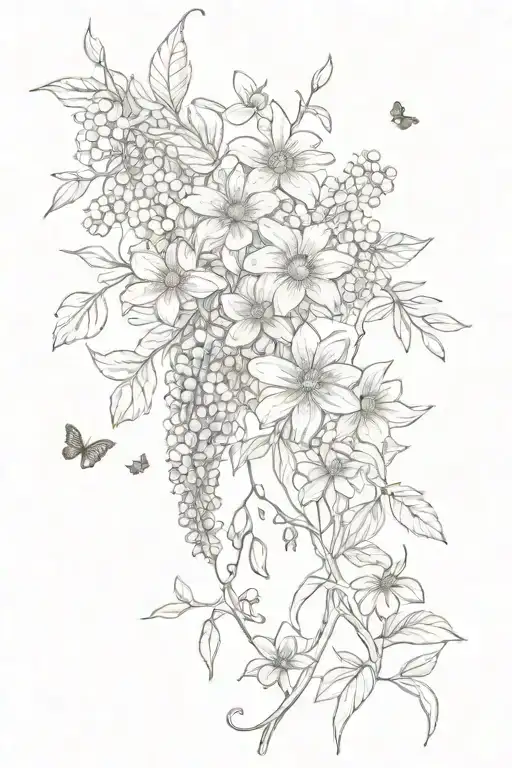 willow branches with wisteria mixed with daisies and sunflowers and butterflies tattoo design idea
