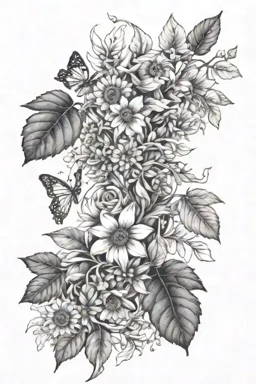 wisteria, willow branch, sunflower, daisies, and ivy with butterflies tattoo design idea