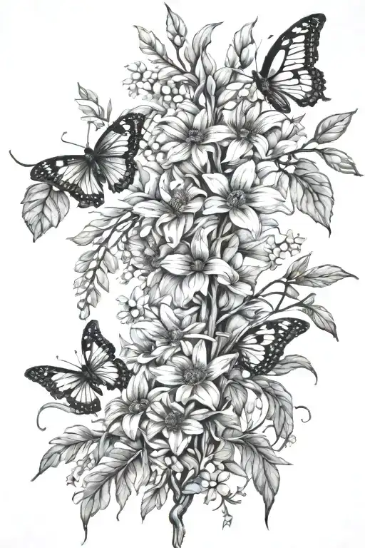 wisteria, willow branches, sunflower, daisies with butterflies tattoo design idea