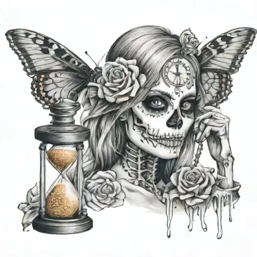 a hot girl holding an hour glass with sand dripping into a skeletons eyes at the bottom of the hour glass.. roses around tattoo design idea