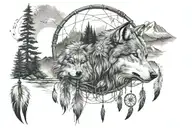 Wolf head, mountains, water, trees, dreamcatcher made tattoo design idea
