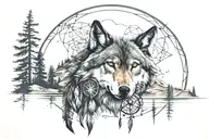 Wolf head, mountains, water, trees, dreamcatcher made tattoo design idea