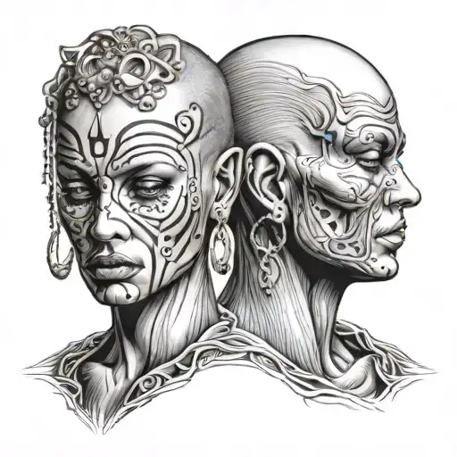 Gemini, 2 faces 1 a beautiful woman and a shaved head man, with an earring, the woman holding a mask over his face  tattoo design idea