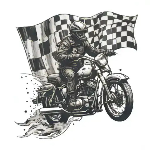 Design a tattoo of a soldier riding a motorcycle with a backdrop of a checkered flag symbolizing victory tattoo design idea