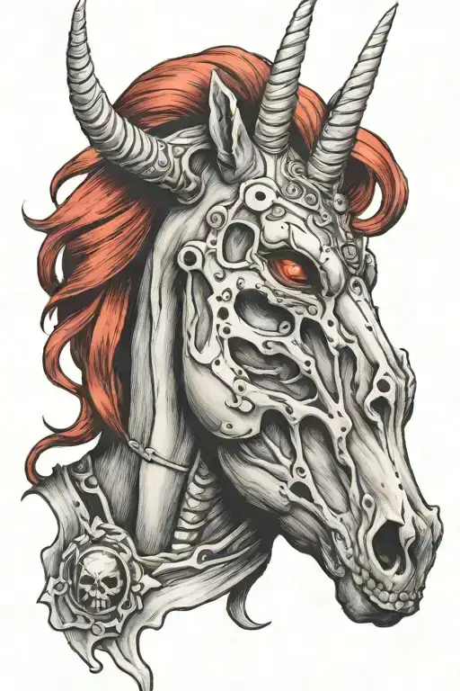 black skeletor unicorn with red mane tattoo design idea