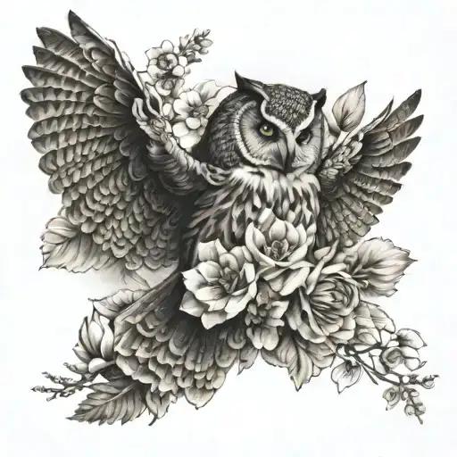 flying owl and flowers blooming tattoo design idea