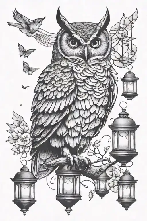 owl and lanterns flying in the sky tattoo design idea