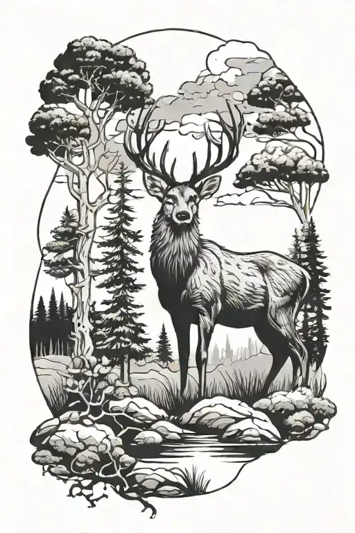 deer with trees in background black and white tattoo design idea