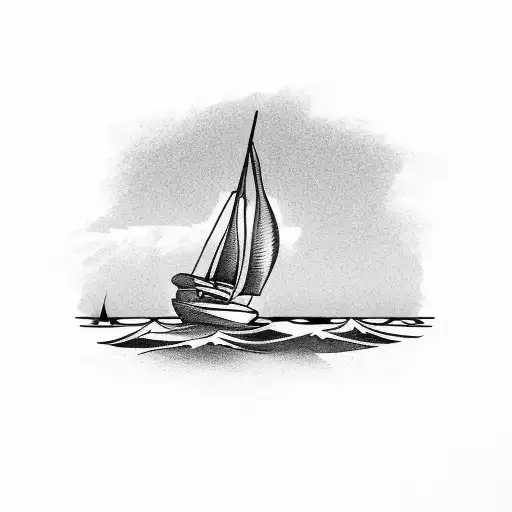 a beach and palm trees, a sailboat sailing on the sea in the background and include an anchor  tattoo design idea