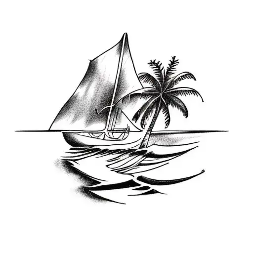 i need a tattoo with a beach and palm trees, a sailboat sailing on the sea in the background and include an anchor  tattoo design idea