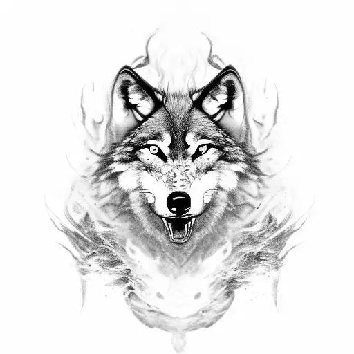 A wolf's face emerging from a swirling black and grey smoke, with the quote 'fortis fortuna advait' intertwined within the smoke tattoo design idea
