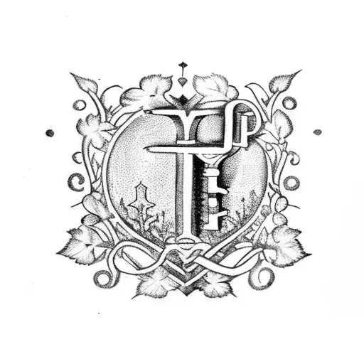 Medieval vintage key with the word 'hope' in italics in the middle, surrounded by ivy vines representing success and failure, with a downward arrow shape, thorny vines on the left and flowers on the right, incorporating sparkles and a precious stone in the ring tattoo design idea