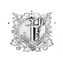 Medieval vintage key with the word 'hope' in italics in the middle, surrounded by ivy vines representing success and failure, with a downward arrow shape, thorny vines on the left and flowers on the right, incorporating sparkles and a precious stone in the ring tattoo design idea