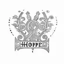 Medieval vintage key with the word 'hope' in italics in the middle, surrounded by ivy vines representing success and failure, with a downward arrow shape, thorny vines on the left and flowers on the right, incorporating sparkles and a precious stone in the ring tattoo design idea