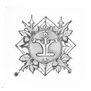 Medieval vintage key with the word 'hope' in italics in the middle, surrounded by ivy vines representing success and failure, with a downward arrow shape, thorny vines on the left and flowers on the right, incorporating sparkles and a precious stone in the ring tattoo design idea