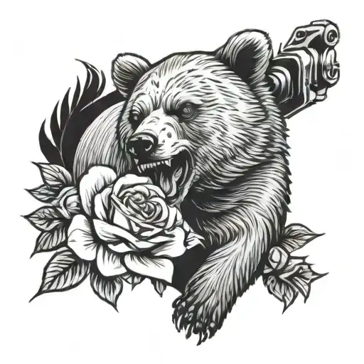 a tattoo of angry bear aiming pistol surrounded by roses tattoo design idea