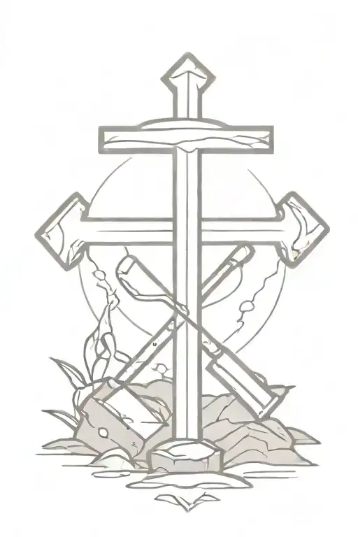 cross with with coal minors pick ax and scoop shovel in back ground tattoo design idea