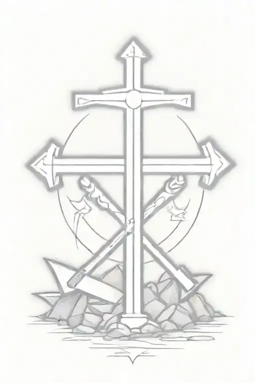 cross with with coal minors pick ax and scoop shovel in back ground tattoo design idea