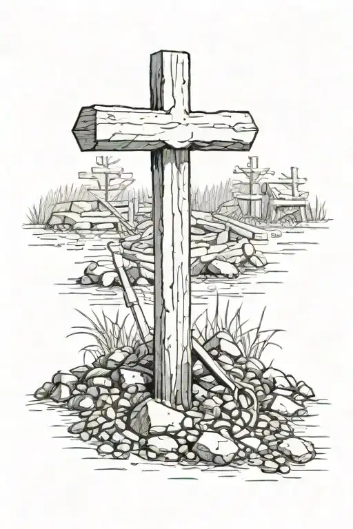 cross with with coal minors pick ax and scoop shovel in back ground tattoo design idea