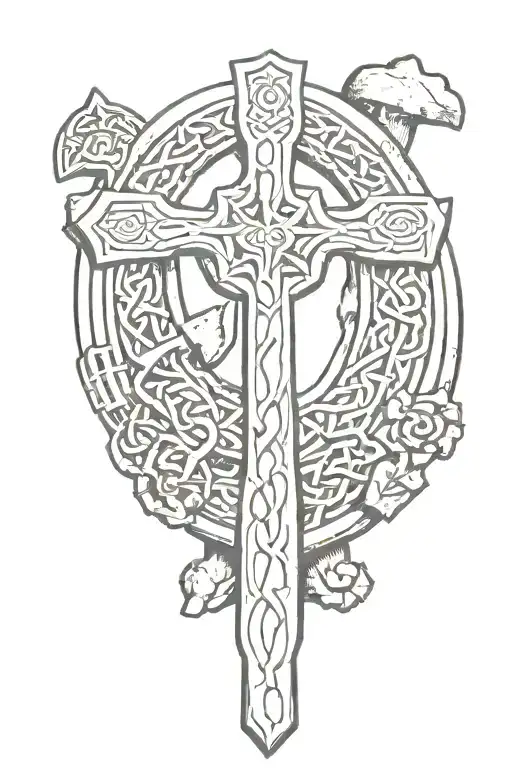 celtic cross with with coal minors pick ax and scoop shovel in back ground tattoo design idea