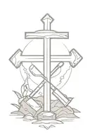 cross with with coal minors pick ax and scoop shovel in back ground tattoo design idea