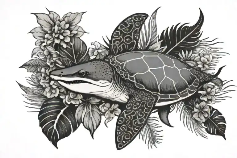 floral pattern with shark stingray sea turtle and palm leaves tattoo design idea