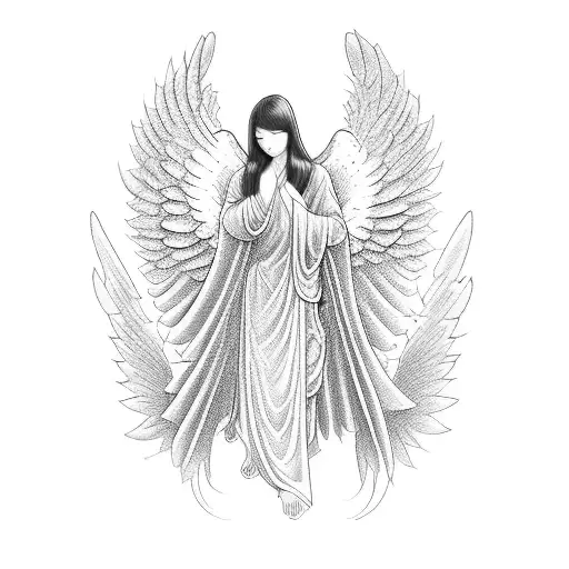 an angel who protects the word "Family" in Chinese tattoo design idea