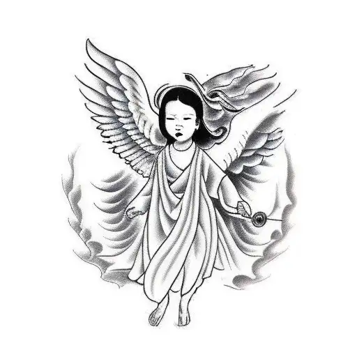 an angel who protects the word "Family" in Chinese tattoo design idea