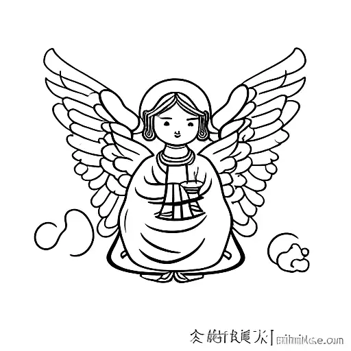 an angel who protects the word "Family" in Chinese tattoo design idea
