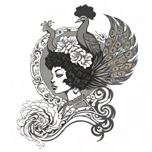 black pinup with afro regency era peacock  tattoo design idea