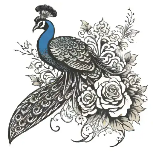 top half bald black pinup bottom half regency era peacock  tattoo design idea
