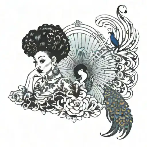 top half black pinup with afro bottom half regency era peacock  tattoo design idea