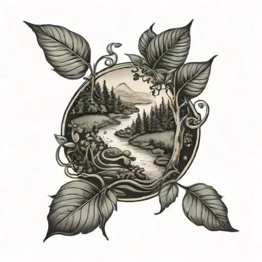 A dotwork tattoo of a winding river cutting through a dense forest with a coffee bean plant growing on its banks tattoo design idea