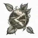 A dotwork tattoo of a winding river cutting through a dense forest with a coffee bean plant growing on its banks tattoo design idea